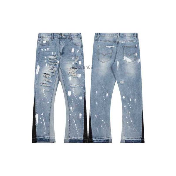 

designer clothing denim pants galleryes depts jean ink splashing graffiti micro horn structure splicing casual loose jeans long men's w, Blue