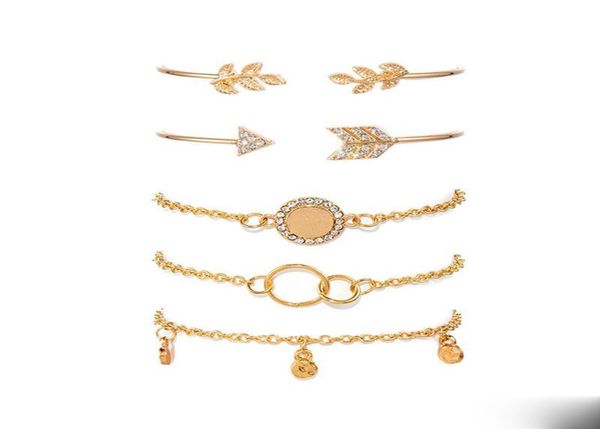 

5pcs simple personality twig ring diamond arrow combination adjustable cuff open bracelet stackable wrap bracelet set women039s9012987, Golden;silver