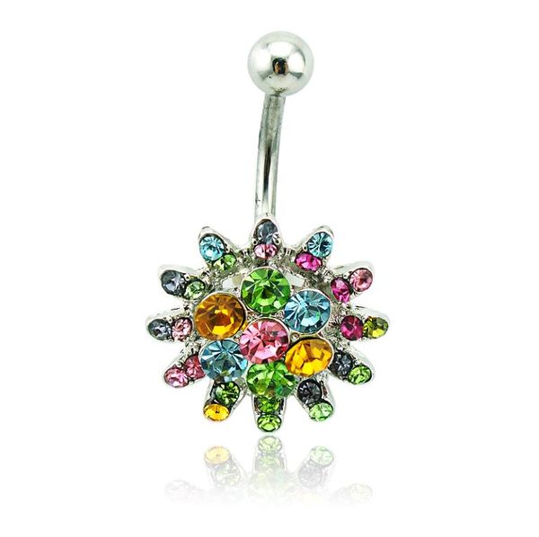 

whole classic belly button rings surgical steel barbell color rhinestone flower navel rings body piercing jewelry6420884, Silver