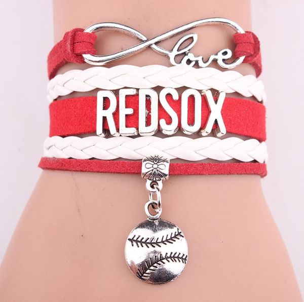 

redsox infinity love red white blue baseball charm sports braceletsfashion sports cord leather bracelet custom7413944, Golden;silver