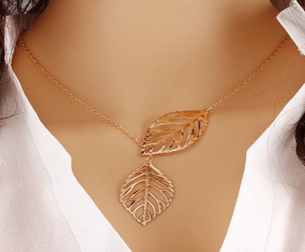 

cr jewelry new punk fashion minimalist two leaves pendant clavicle necklaces for women jewelry gift tassel summer beach chain coll7105741, Silver
