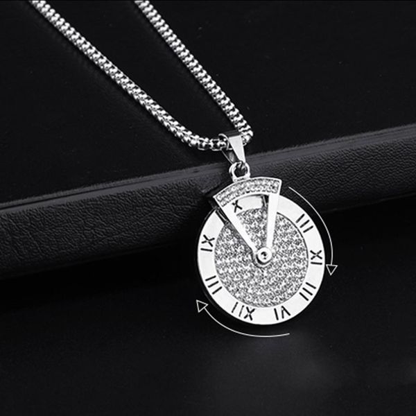 

spinner time pendant necklace stainless steel zircon women mens necklace fashion jewelry with roman numeral luckey pendant2245388, Silver