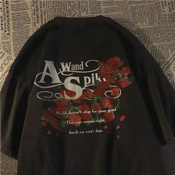 

womens tshirt american fashion rose printed letter short sleeve harajuku hip hop street lazy personality men and women graphic t shirt 23070, White