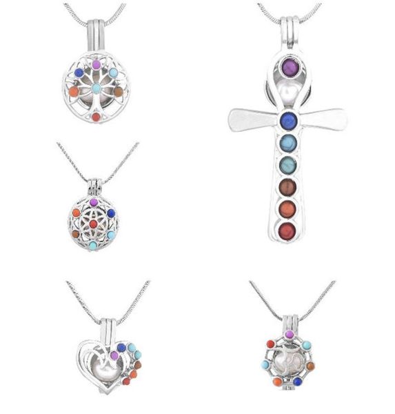 

new 7 chakra yoga pearl cage pendant without chain tree of life heart sanskrit flower cross open cages charm for necklace jewelry 7240645, Silver