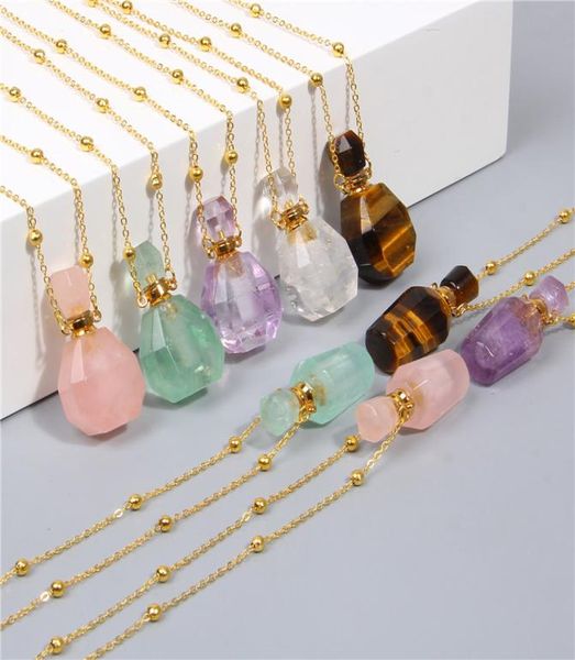 

natural gems stone perfume bottle necklace essential oil diffuser pendant tiger eye amethysts heart shape jewelry charm3086027, Silver