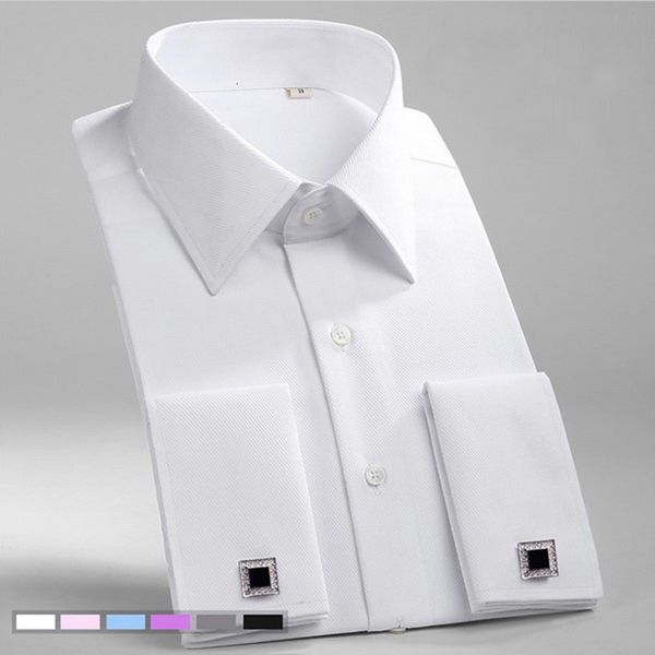 

men's dress shirts french cuff mens formal business shirt long sleeve solid twill men party wedding tuxedo with cufflinks chest pocket, White;black