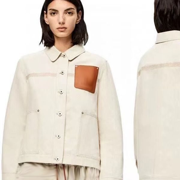 

l1005 street fashion women denim coat 2023 spring new style leather pocket splice versatile casual loose beige single breasted jacket, White