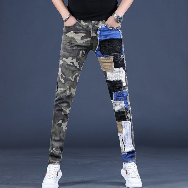 

men's jeans mens light luxury street fashion camouflage wearproof trendy style denim pants slimfit patchwork casual jeans; 230707, Blue