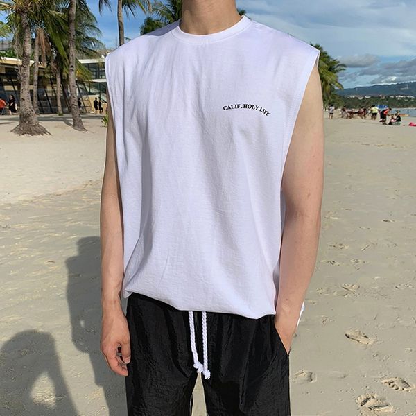 

men's tshirts print vest men summer casual beach tank korea fashion sleeveless shirts male loose undershirt 100 cotton tees hip hop 23, White;black