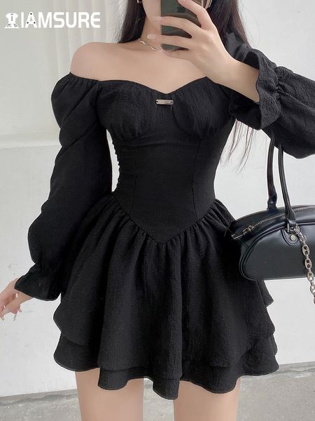 

basic casual dresses iamsure autumn spring a line dress slim solid square collar puff sleeve mini for women elegant fashion ladies 230707, Black;gray