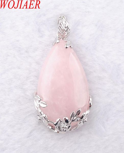 

wojiaer tear water drop love natural rose quartz gem stone pendant necklace reiki bead women jewelry dn34702421190, Silver