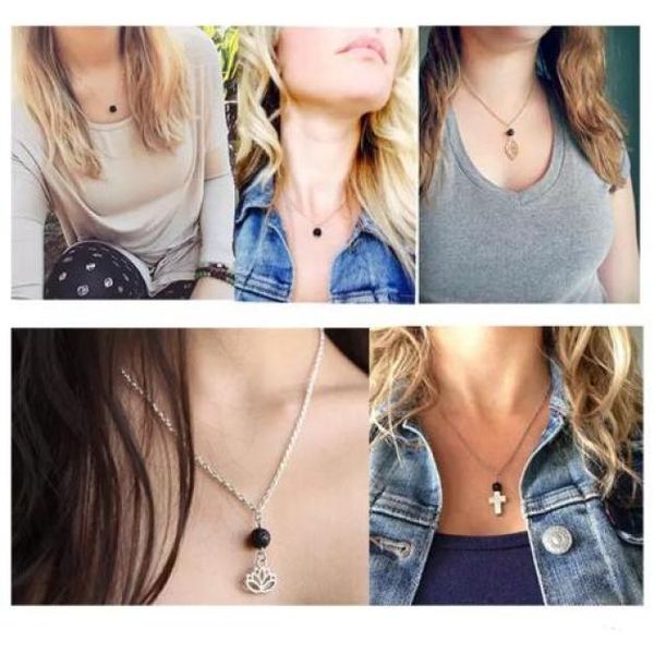 

lavarock lotus leaf cross pendant aromatherapy essential oil diffuser necklaces natural black lava bead pendant necklace fine jew5461815, Silver