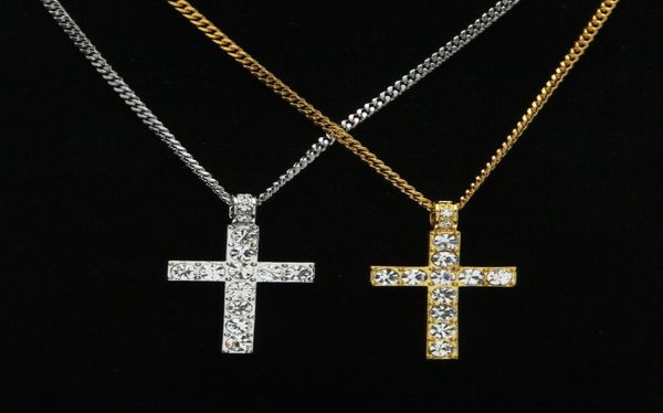 

hip hop iced out cross necklace bling crystal religion jesus crucifix pendant gold silver cuban link chain for men women jewelry9314285