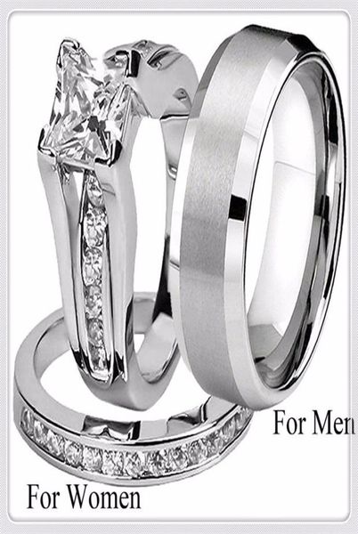 

his and hers fashion 316l stainless steel titanium princess engagement wedding band ring jewelry set cne fast 3954339, Golden;silver