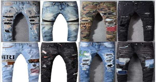 

mens ripped patches jeans knee patch slim stretch pants men jeans trousers2595864, Blue