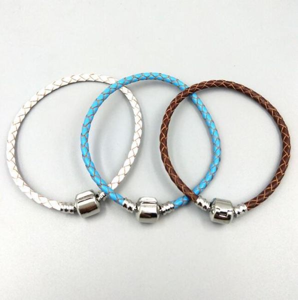 

m 20cm authentic 925 sterling silver clasp bead original stamp woven leather bracelet fits charms bracelet diy fashion jewelry5687754, Golden;silver