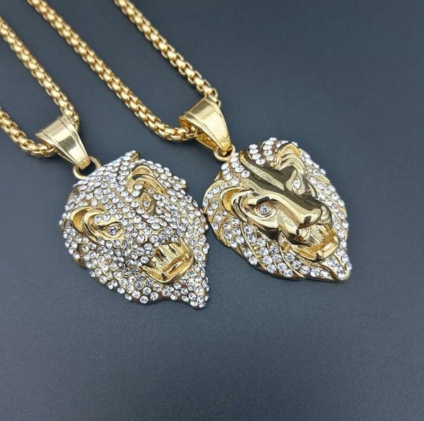 

316 stainless steel gold gothic punk mens lion039s head pendant charm tag cuban hip hop necklace with rhinestones7901758, Silver