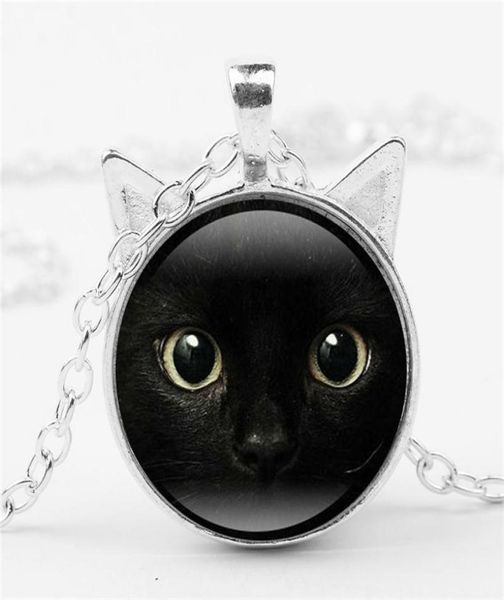 

black glass cabochon necklace cat ear frame pendants necklaces women kids fashion jewelry 16253367089, Silver