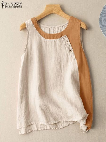 

pants fashion cotton contrast color tanks zanzea summer blouse women o neck sleeveless casual solid tunic loose blusas chemise, White