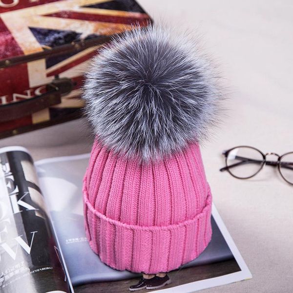 

wholesale new style 15cm real fur ball cap pom poms winter hat for women girl 's wool knitted cotton beanies brand thick female, Blue;gray