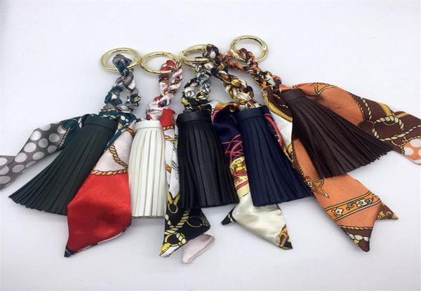 

women luxury keychains scarf pu leather tassel car key chain ring holder fashion pendant bag charm keyring jewelry accessories for1208197, Slivery;golden
