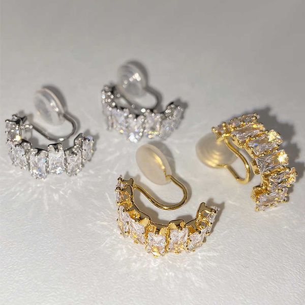 

cute fashion zircon no piercing clip on hoop earrings for women girls 18k real gold plated baguette iced out cz cubic zirconia fade earring, Silver