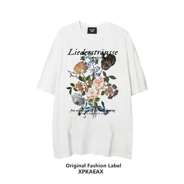 

stussys fashion t-shirt fashion brand flower american high street oversize large loose short sleeve lazy couple t-shirt, White;black