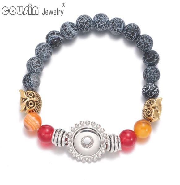 

new arrivals fashion charm 12mm snap button owl bracelet natural stone beaded bracelet snap jewelry sz04383170481, Black