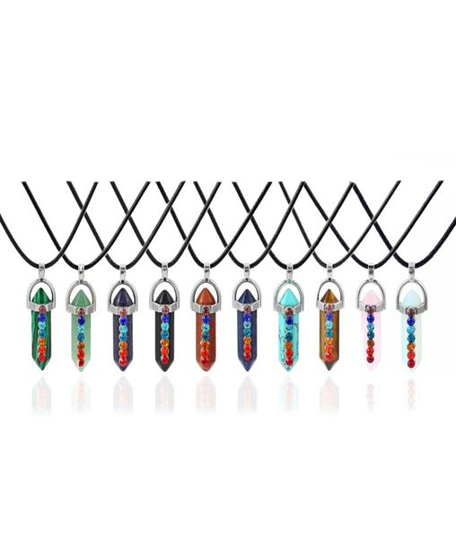 

hexagonal prism crystal pink quartz natural stone pendant 7 chakra necklace with 50cm stainless steel chain6517487, Silver