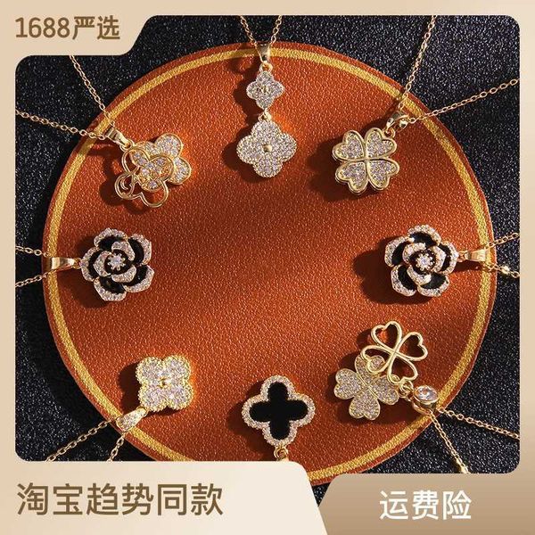 

zircon double sided four leaf grass necklace women's ins style small popular design advanced steel pendant jewelry, Silver