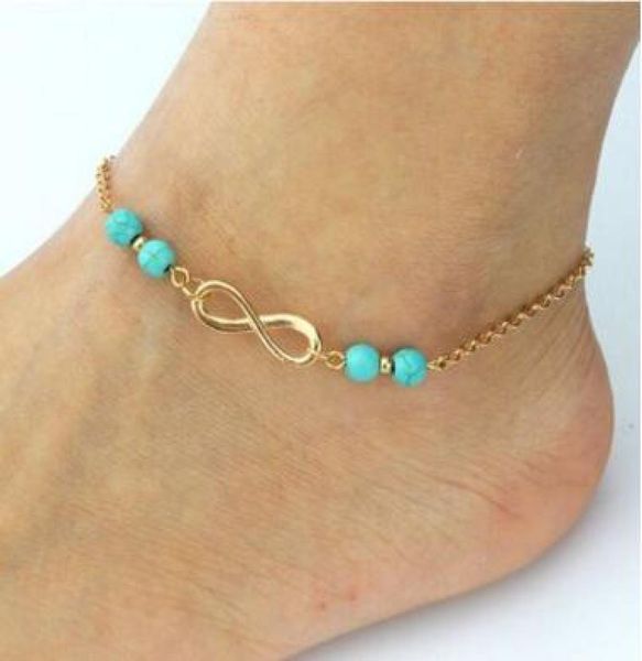 

women infinity anklet bracelet gold tone bohemian turquoise beads beach anklets turquoise foot chain 2 colors6818858, Red;blue