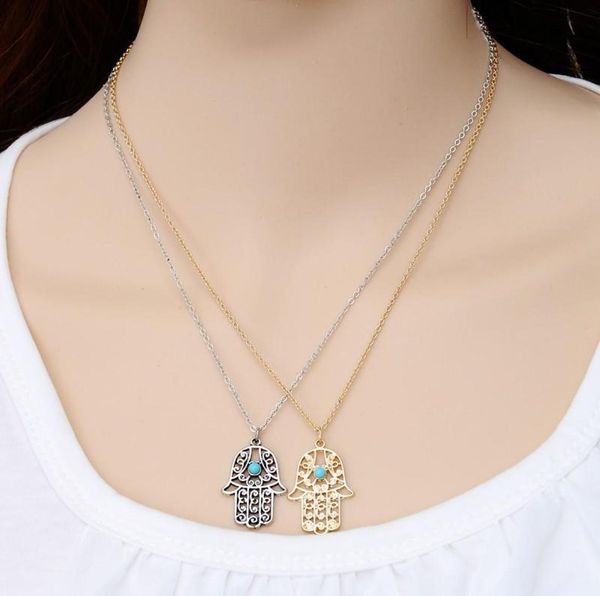 

design luck hamsa hand pendants necklace luck fatima hand palm statement necklace collares whole k65181465016, Silver