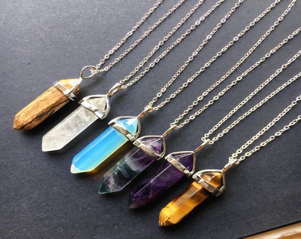 

multicolored gemstone necklace silver plated crystal quartz pencil point pendant necklace healing stone hexagon prism gold plated2970732
