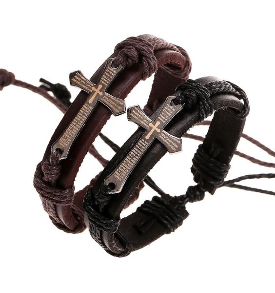 

cross bible charm bracelet for women men braided rope chain jewelry handmade black brown genuine leather adjustable vintage1249208, Golden;silver