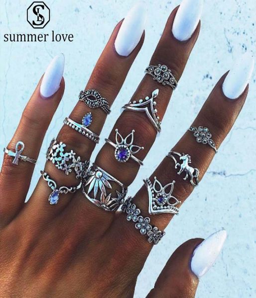 

new arrival 13pcsset crown lotus flower waterdrop crystal ring set for women vintage silver gold knuckle rings fashion jewelry se5028611