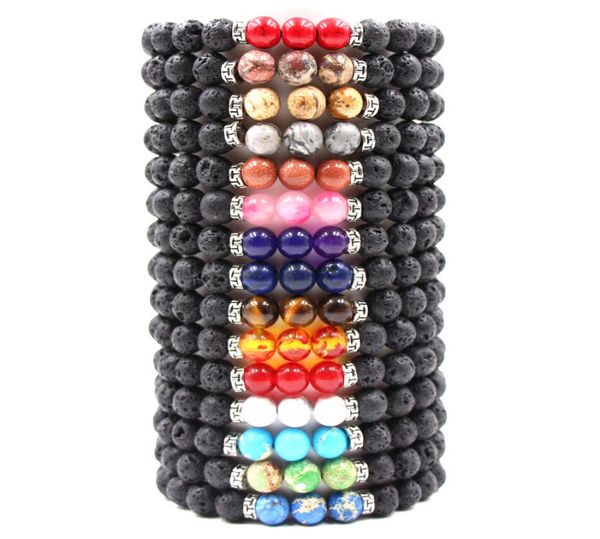 

8mm natural lava rock stone bracelet colorful chakra beads bracelets for women men volcanic yoga elastic energy jewelry8109684, Black