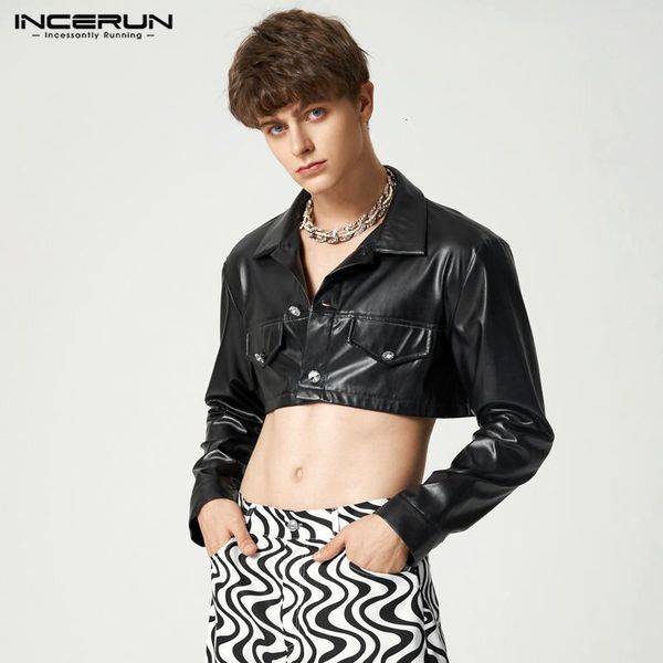 

men's suits blazers incerun fashion men blazer solid color pu leather streetwear lapel long sleeve button crop 2023 casual thin jackets, White;black