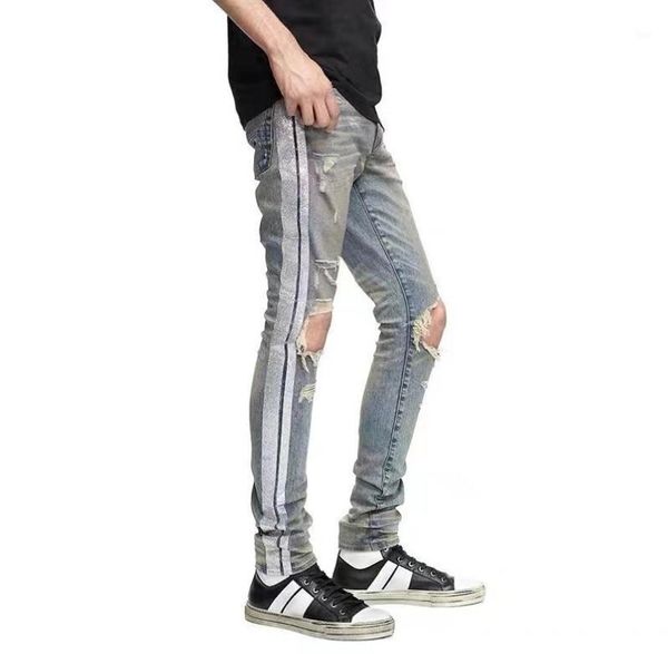 

men039s jeans holes with in the knees glitter silver trim stripes slim fit street fashion 645797, Blue