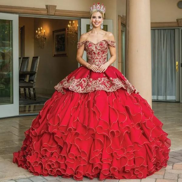

ruffled princess quinceanera dresses off the shoulder ball gown tiered sweet 16 dress gold lace appliques gorgeous vestido vx anos special o, Blue;red