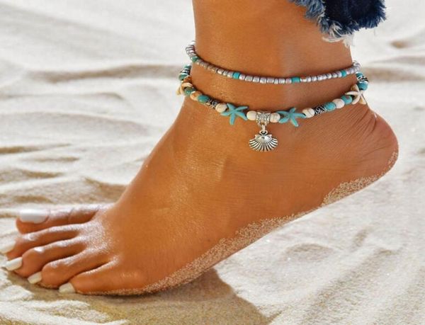 

new arrival beach pendant anklet starfish pearl retro anklets sea turtle conch rice beads foot chain multilayer anklet turquoise a6205889, Red;blue