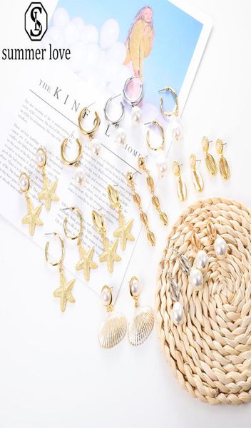 

fashion bohemian gold shell earrings starfish pearl pendant ear drop for women dangle earrings gold silver jewelry giftz9725432