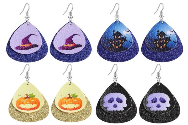 

christmas halloween leather earrings for women girls teardrop pumpkin eyes skull print double layer glitter drop earrings jewelry5789361, Silver