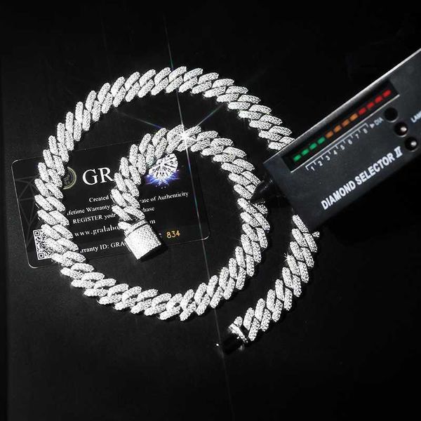 

custom diamond moissanite 925 sterling silver prong cuban link chain necklace white gold 14mm hip hop jewelry men necklace