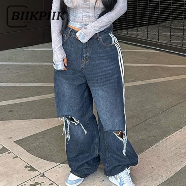 

womens jeans biikpiik white striped casual streetwear pants vintage hollow out loose denim cargo mom low waist baggy female trouser 230707, Blue
