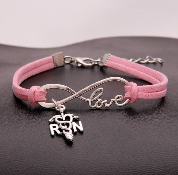 

2020 new friends bracelets women men nurse sign love infinity bracelets bangles handmade pink leather suede rope charm jewe8122804, Golden;silver
