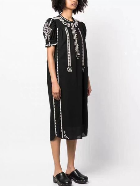

basic casual dresses summer 2023 women embroidery midi dress black 100 cotton vintage short sleeve lace up o neck female robe with buttons 2, Black;gray
