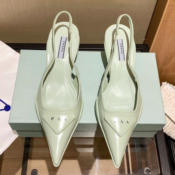

fashion designer sandals classic triangular logo baotou pointy sandals women's air thin cat heel high heels leather single shoes high g, Black