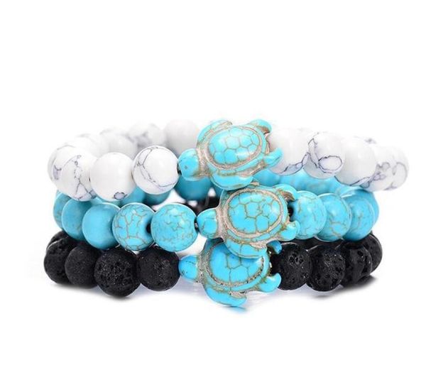

summer style sea turtle beads bracelets for women men classic 8mm turquoise lava stone elastic friendship bracelet beach jewelry4057020, Black