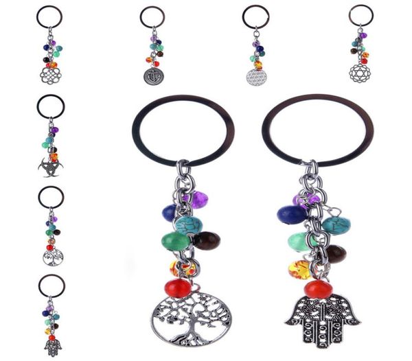

yoga reiki 7 chakra natural stone key ring ancient silver tree of life anchor hand keychain bag hangs jewelry5015349, Slivery;golden