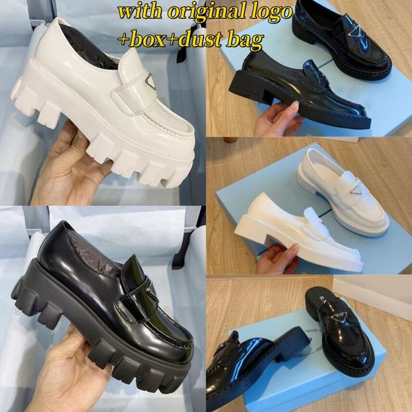 

fashion dress shoes women wedding party quality leather high heel flat shoe business formal loafer social chunky with original box, Black